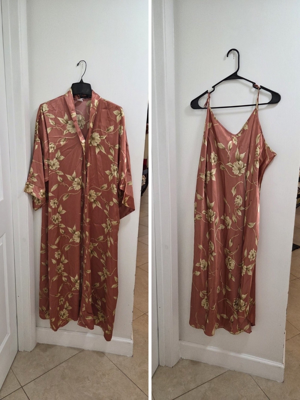 Midnight Velvet Dusty Rose Floral Satin Slip & Robe Set